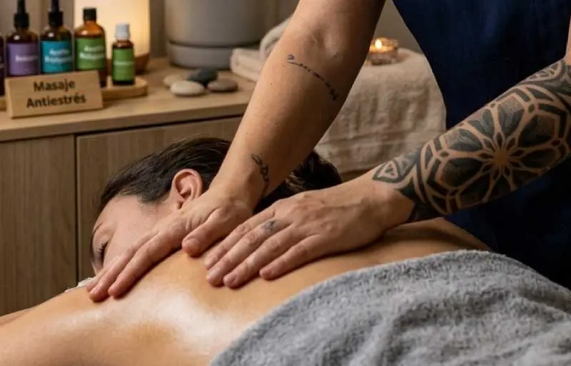 Manos masajeando una espalda para prevenir el estrés